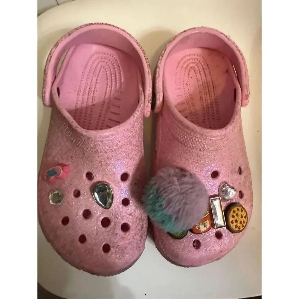 Crocs Girls Glittered Jibbitz Classic Clog Sandals Pink Size 4